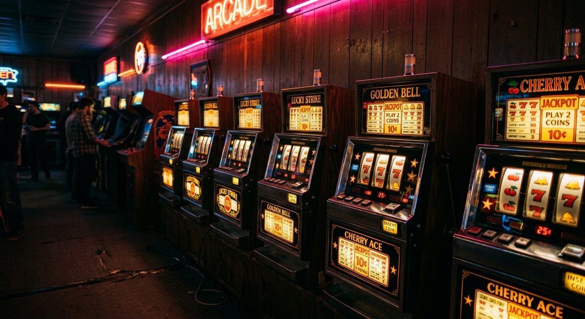 Ruang arcade retro dengan deretan mesin dingdong tua dan papan neon merah muda menyala